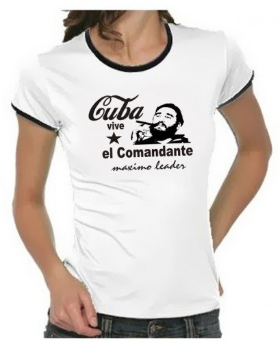 Coole-Fun-T-Shirts FIDEL Castro Cuba Maximo Leader Girly Ringer Weiss/schwarz, Gr.L