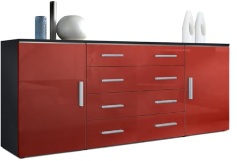 Vladon Sideboard Faro V2, Made in Germany, Kommode mit 2 Türen und 4 Schubladen, Schwarz matt/Bordeaux Hochglanz (166 x 72 x 35 cm)