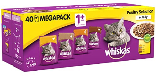 Whiskas Wet Cat Food Pouches, Delicious and Tasty Poultry Selection in Jelly, Suitable for Adult Cats Aged 1+, (40 x 100 g)