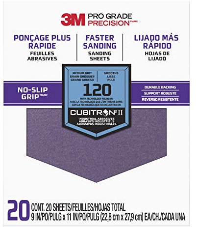 3M Pro Grade Precision Hojas de lijado más rápido, Grano 120 Mediano, 27120TRI-20, 22,8 cm x 27,9 cm, 20/Paquete