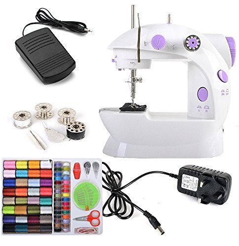 Rayinblue 2 Speed Led Electric/Mains Battery Powered Mini Stitch Portable Sewing Machine Handheld + 4 x Bobbins + Foot Pedal + Needle & Threader + Power Adapter (UK Plug)+ 100-in-1 Needlework