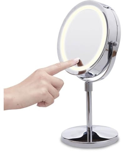 Stand Mirror X10 - Miroir Coiffeuse sur Pied - Maquillage - Éclairé LED - Effet Grossisant X1/ X10 - Double Face Rotatif 360°