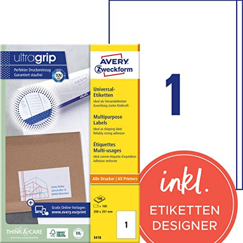 AVERY Zweckform 3418 Universal Etiketten (100 Klebeetiketten, 200x297mm auf A4, Papier matt, bedruckbare Versandetiketten, selbstklebende Versandaufkleber mit ultragrip, DHL) 100 Blatt, weiß