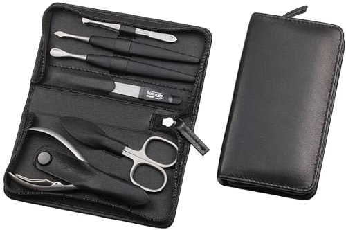 Sonnenschein by Hans Kniebes | Maniküre Set 6 teilig | Nagelschere, Nagelzange, Nagelfeile, Pinzette, Nagelhautdrücker, Nagelmesser | Edelstahl rostfrei | Nagelpflegeset Nappa-Lammleder Manicure Etui