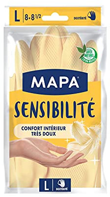 MAPA - Sensibilité - Gants de Ménage en Latex Intérieur Coton et Soie - Grand Confort d'utilisation et Extra Doux - Taille L - Lot de 3