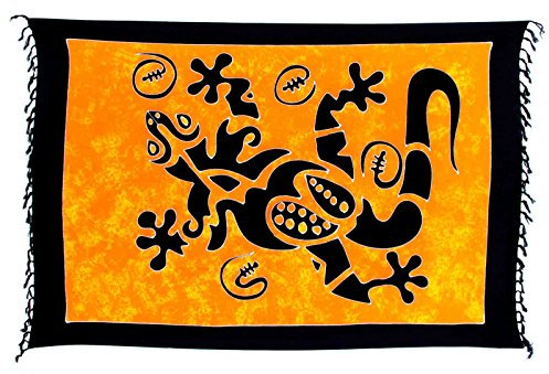 Ciffre Sarong Pareo Wickelrock Dhoti Lunghi Tuch Strandtuch Schwarz Orange Gelb Gecko
