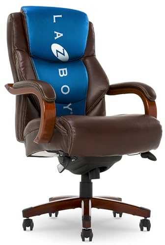 La-Z-Boy Delano Big and Tall Executive Office Chair - Ergonomic Lumbar Support Memory Foam - Bonded Leather Desk Chair for Home Office - Mahogany Wood Arms - Chestnut Brown
