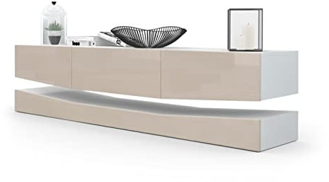 Vladon Lowboard City, Made in Germany, TV-Kommode mit Sockelelement, 1 offenem Fach und 3 Schubkästen, Weiß matt/Sandgrau Hochglanz (178 x variabel x 39 cm)