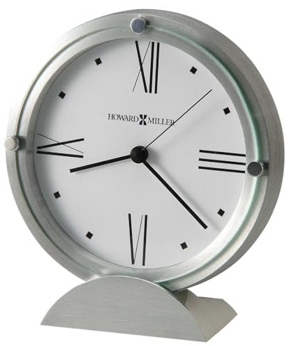 Howard Miller Simon II Tischuhr 645-671 – gebürstetes Aluminium-Finish, weißes Zifferblatt, römische Ziffern, Flacher Glaskristall, Moderne Wohnkultur, Quarzwerk