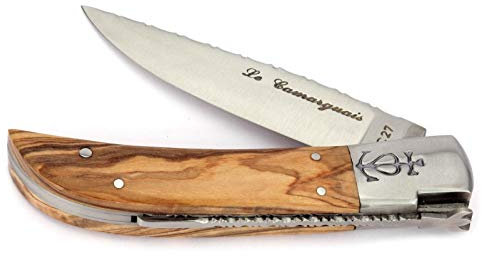 Le Camarguais 12 cm Taschenmesser 20007C - Griffschalen Oliven-Holz - Klinge 10 cm Stahl 12C27-1 Backe
