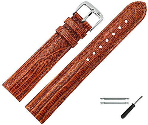 MARBURGER Uhrenarmband 12mm Leder Braun Silber Eidechse (Teju) Prägung Mit Naht - Montage Set 3551234000120