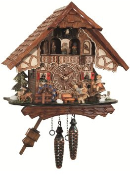 Engstler Quarz Kuckucksuhr Schwarzwaldhaus, drehendes Mühlrad, bewegliche Kinderwippe EN 4916 QMT