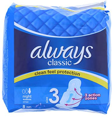 Always - Always Classic Night (Size 3) Sanitary Napkins with Wings - 8 Count (Pack of 1)
