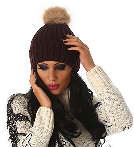 Jela London Damen Beanie Bommel Strick Mütze einfarbig gestreift gerippt, Braun