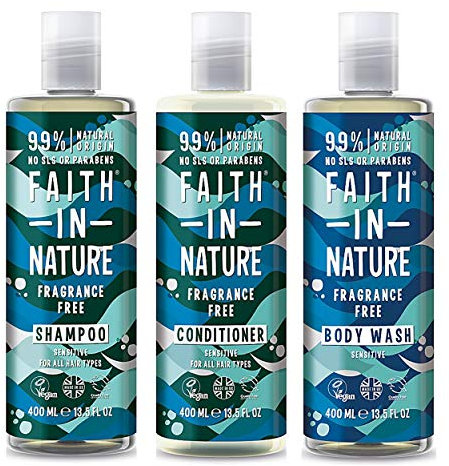Faith In Nature Fragrance Free Shampoo, Conditioner & Body Wash Trio | Vegan | Cruelty Free | 99% Natural Fragrance | Free From SLS or Parabens|shampoo and conditioner|unscented shower gel