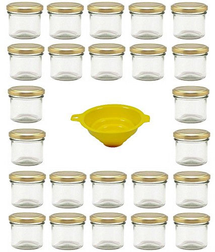 Viva Haushaltswaren G1130125/24T/X - Lote de 24 tarros de Mermelada pequeños (125 ml, Tapa Dorada, Embudo con sujeción Amarillo)