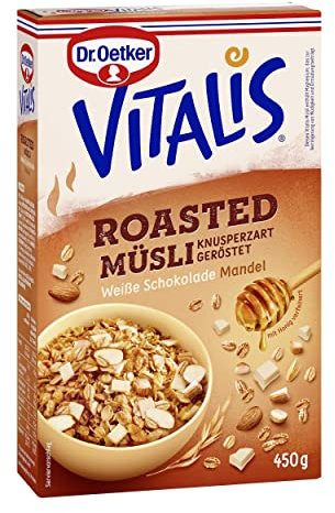 Dr. Oetker Vitalis Roasted Müsli Weiße Schokolade Mandel, 450 g Knuspermüsli mit edler Schoko-Mandel Note