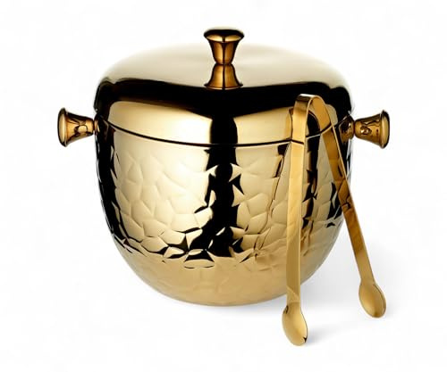 EDZARD Ice Bucket Rico (H 21 cm), Gold Coloured, Double Walled | with lid and tongs, patterned, highly polished, bar accessories, party decor, hospitality, gift idea