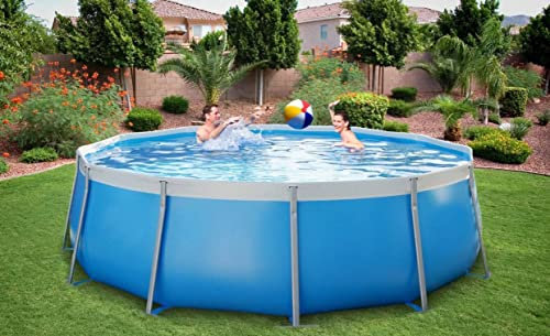 New Plast Poolmaster Kit Milos 450 Piscina Fuoriterra Azzurro Bianco Grigio Bianco Rotonda Diametro 450 H130 cm Vasca Poliestere Acciaio Skimmer Gruppo Filtrante Sabbia Filtro Pulizia Scaletta Acqua