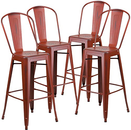 Flash Furniture Handelsübliche Qualität, 4 Stück, 76,2 cm hoch, Metall, für drinnen und draußen, Barhocker mit Rückenlehne, Kelly Red, 4 Stück
