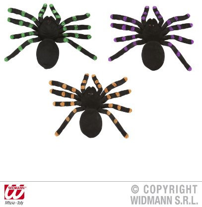 W WIDMANN MILANO Party Fashion, originelles Halloween-Accessoires, samt farbenfrohe Spinnen aus Flockmaterial (grün, lila, orange), Größe 24 cm, aus nachhaltigen Materialien, sofort einsatzbereit