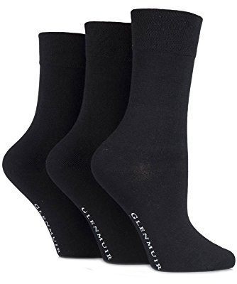 Glenmuir Ladies 3 Pair Comfort Cuff Plain Bamboo Socks 4-8 Ladies Black