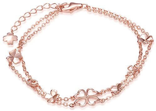 Yumilok Roségold 925 Sterling Silber Glückbringer Vierblättrige Kleeblatts Charm-Armband Armkette Doppelketten für Damen Mädchen, 6.7-7.7 Verstellbar