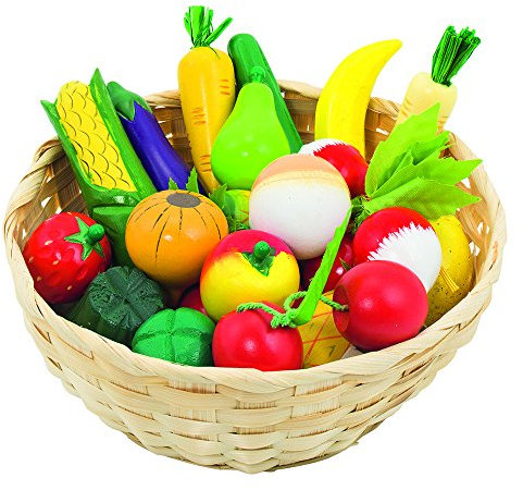 goki 51660 Obst- und Gemüse-Set, Holz, 22-teilig, im Holzkorb, Ø 21 cm, Spiellebensmittel für Kaufladen & Kinderküche ab 3 Jahren