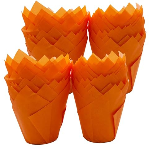 Scrumptious! 200PC Greaseproof Paper Muffin Tulip Cases for Baking - Orange - Great for Wedding Birthday and Anniversary Party Cakes and Bakes