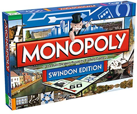 Winning Moves Swindon Monopoly Board Game, Advance to Swindon Greyhounds, Coate Water or Magic Roundabout and trade your way to success, 2–6 players makes a great gift for ages 8 plus