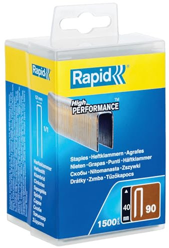 Rapid Tackerklammern Typ 90, 40mm Klammern, 1.500 Stk. Kunststoffbox, Schmalrückenklammern für Holz mit geharzte Oberfläche