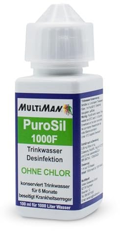 Purosil 1000F - OHNE CHLOR - Bereitet Trinkwasser auf, Inaktiviert Viren, Bakterien und Keime in Yacht, Wohnmobil, Camping, Wandern, Notfall, Notvorrat/reicht für 1000l Wasser