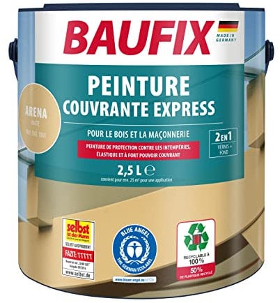 BAUFIX Peinture couvrante Express arena, mate, 2.5 litres, Peinture de protection contre les intempéries, Peinture durable, pour bois, enduit, maçonnerie, meubles et palissades