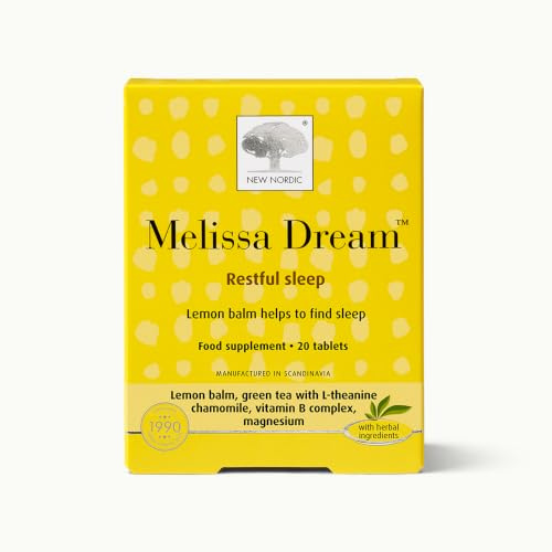 New Nordic Melissa Dream Herbal Sleep Aid Tablets Lemon Balm Magnesium 20ct | Melatonin-free & hormone-free sleep supplement with L-theanine, chamomile & B vitamins. For men & women. Vegan & gluten free.