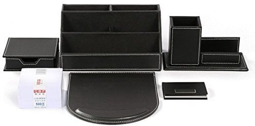 KINGFOM 6pcs Leder büro Schreibtisch Set - Inklusive Schreibtisch Organisator, Visitenkarten-Etui, Mauspad, Stifthalter mit Visitenkartenhalter, Zettelbox und 500 Seiten Memo Papier (T31-Schwarz)