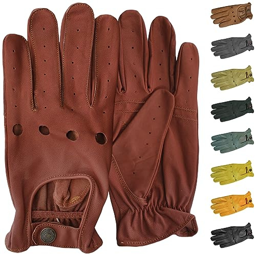 German Wear Lederhandschuhe Herren Autofahrerhandschuhe aus echtem Lammnappaleder Retro offener Handrücken perforierte Finger mit Druckknopf atmungsaktiv weich für Autofahren Rennsport Touring