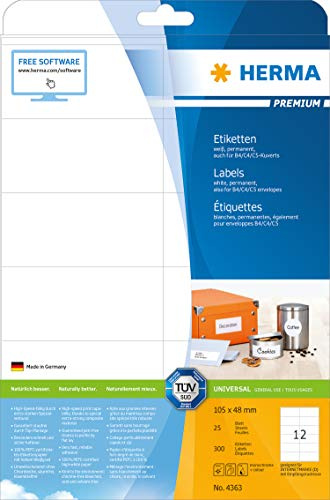 HERMA 4363 Universal Etiketten, 25 Blatt, 105 x 48 mm, 12 pro A4 Bogen, 300 Stück, selbstklebend, bedruckbar, matt, blanko Papier Klebeetiketten Aufkleber, weiß