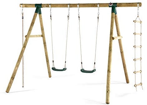 Plum Gibbon Wooden Garden Double Swing, Climbing Rope & Ladder Set