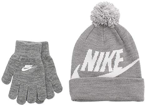 Nike Swoosh Pom Mütze und Handschuhe für Kinder Gr. Youth-X-Large, Dark Grey Heather(8A2695-042)/Weiß