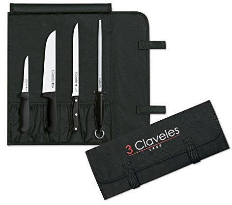 3 Claveles Estuche Jamon 3C Set Cocina-Cuchillo Carnicero, Deshuesador y Jamonero + Chaira + Maletín Portacuchillos con Capacidad para 6 Piezas