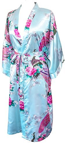 CCCollections Kimono motif paon et fleurs, lingerie, nuisette, robe de chambre, demoiselle d'honneur, enterrement de vie de jeune fille, Bleu/vert, Taille unique