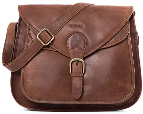 LEABAGS Leder Handtasche Damen I Premium Echtleder Umhängetasche I Damen Schultertasche I Damentasche I Tragetasche für Arbeit Uni Schule Freizeit I Größe L (32 x 31 x 9 cm) I Nature Hellbraun