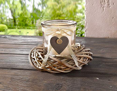2tlg. Glas-Windlicht mit Weidenkranz Ø 23 cm, Kerzenhalter, Naturkranz, Tischkranz, Dekokranz, nostalgische Tischdeko für Wohnzimmer, Hochzeitsdeko,