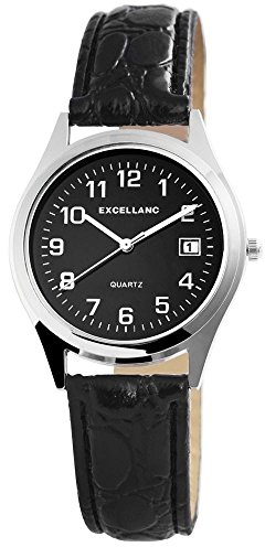 Excellanc Damen Damen-Uhr Kunstleder Armband Dornschließe Datum Analog Quarz 2900217 (schwarz silberfarbig schwarz)