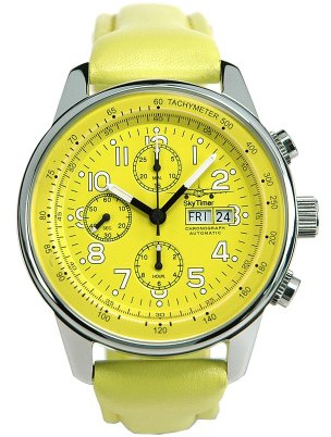 SkyTimer 503235001 Youngster Fliegeruhr gelb - Chronograph, Automatik, Edelstahlgehäuse, Glasboden, 5 ATM wasserdicht, Lederband