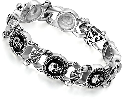 Flongo Edelstahl Armband Link Handgelenk Silber Schwarz Totenkopf Schädel Kreis Gotik Motorradfahrer Biker Herren