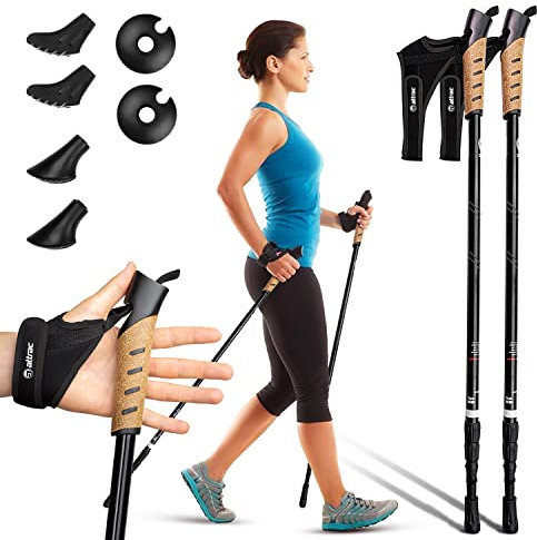 Attrac Wanderstöcke Nordic Walking Trekkingstöcke Classic Aluminium Stöcke mit Anti-Shock Dämpfung I Teleskop verstellbar & super leicht 69-136cm inkl. Workout und App I Wählbar mit Tragetasche