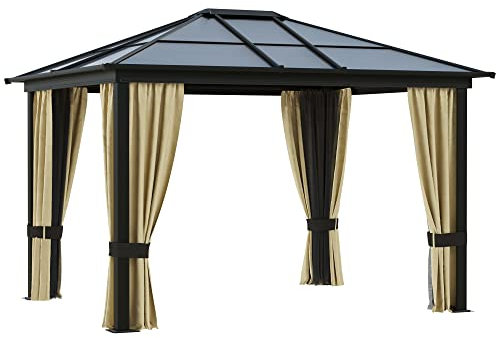 Outsunny Cenador para Jardín 3x3,6 m con Marco de Alumnio Pabellón para Exterior con Techo de Policarbonato Anti-UV Gazebo para Fiestas Eventos Beige