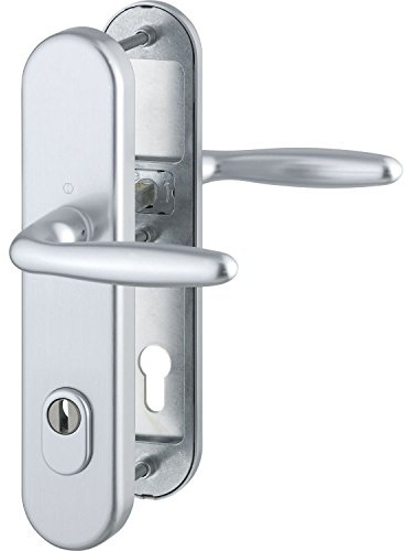 HOPPE Haustür Eingangstür Drückergarnitur VERONA - Ö-Norm Entfernung 88mm, silber eloxiert, Langschild Profilzylinder für Türstärke 42-47mm, mit Kernziehschutz, Prüfung: RC2 nach EN 1906, 1 Stück Sicherheitsbeschlag