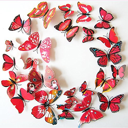 Oblique Unique 3D Schmetterlinge Blumen 12er Set Dekoration Wandtattoo (Alive (rot-pink))